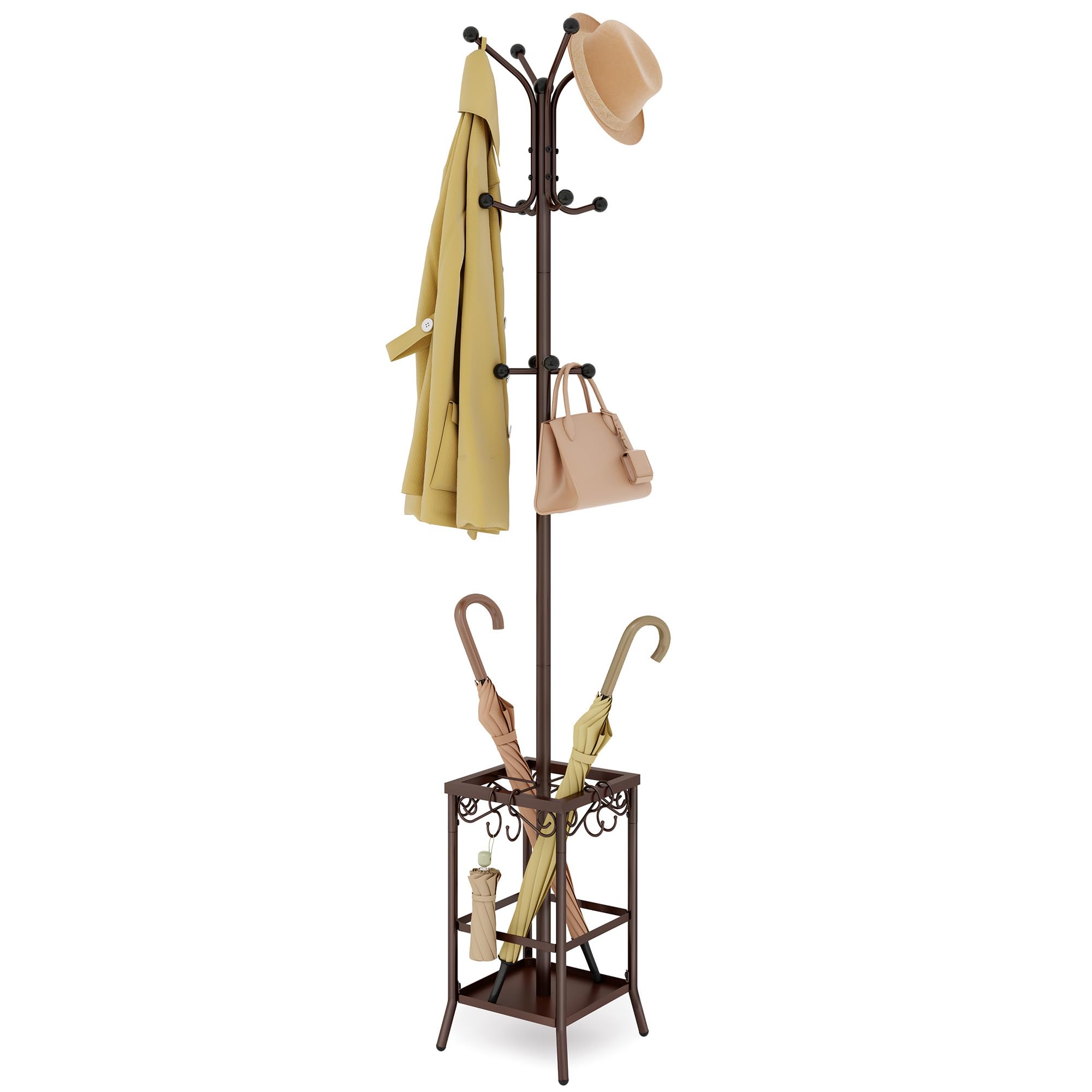 Hoctieon Coat Rack Freestanding, Entryway Coat Hanger Stand, Umbrella Holder, Hall Tree With 12 Hooks, Standing Coat Rack, Floor Standing Metal Umbrella Tree Stand, Brown